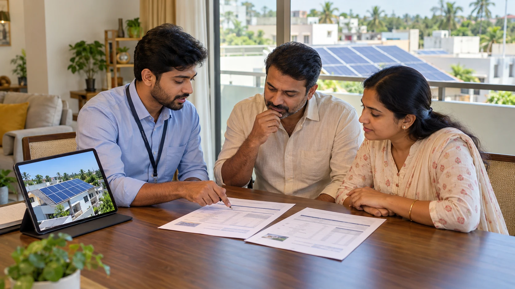 Solar consultant explaining a rooftop solar installation quotation and equipment options to a homeowner in Tamil Nadu