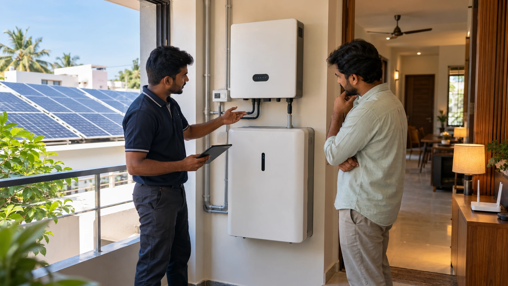 Residential solar battery storage equipment installed in a suitable location to provide backup electricity for essential household appliances