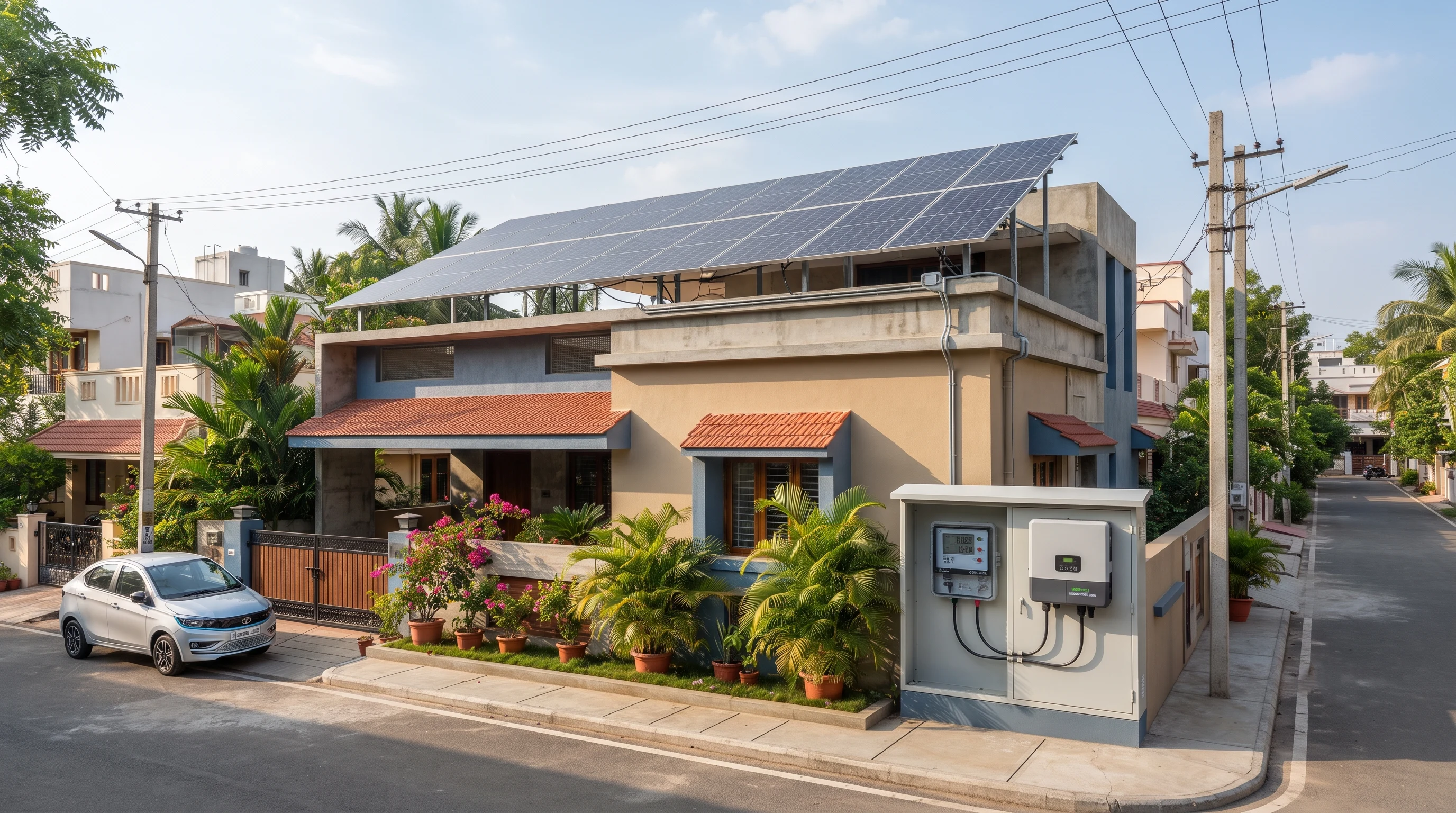 Rooftop solar panels connected to the electricity grid in a Tamil Nadu home
