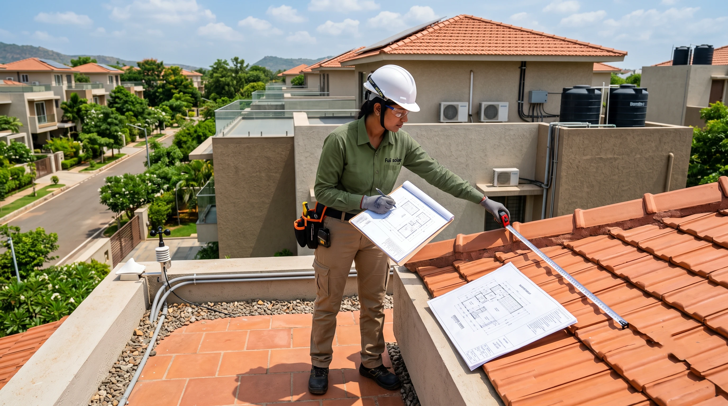 Engineer inspecting a residential rooftop before solar installation