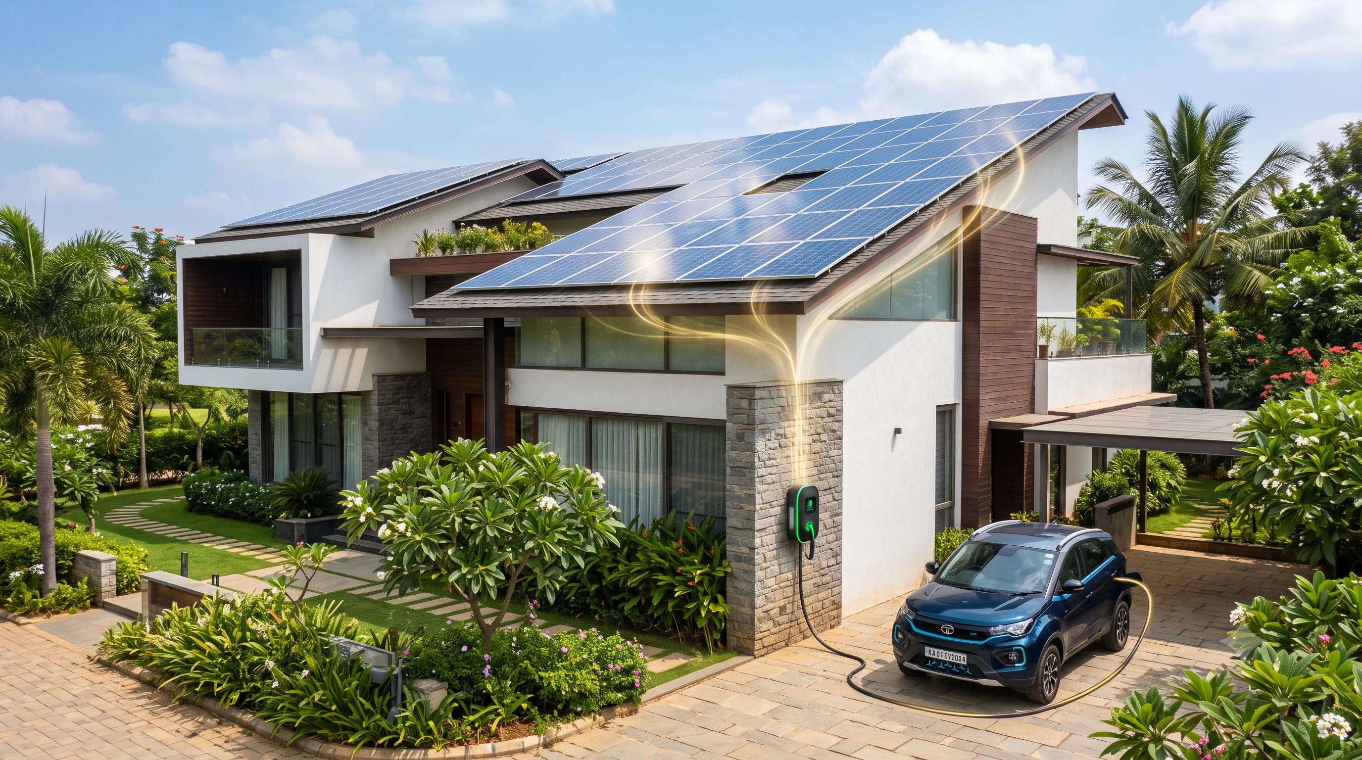 Rooftop solar system charging an electric vehicle at home