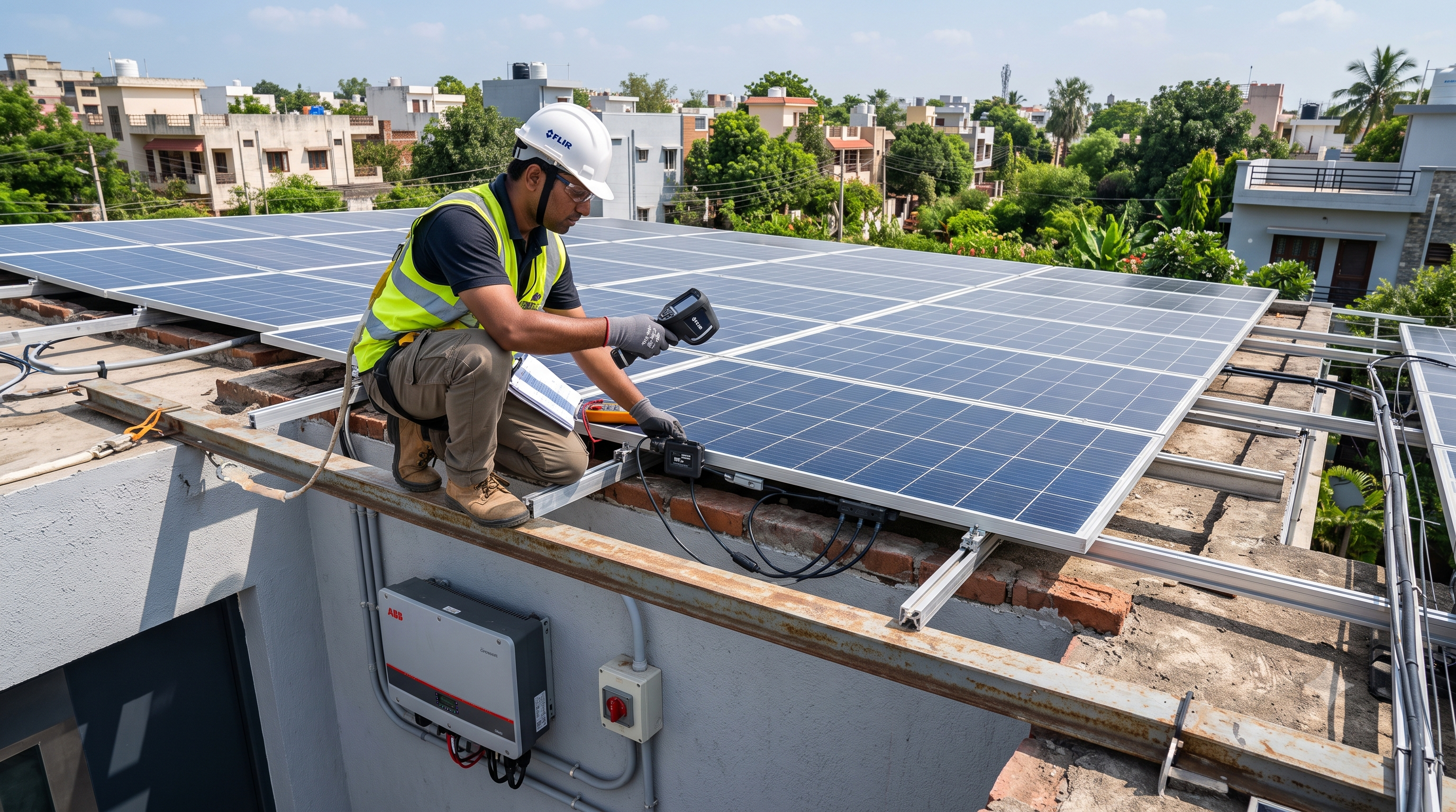 Technician safely cleaning rooftop solar panels