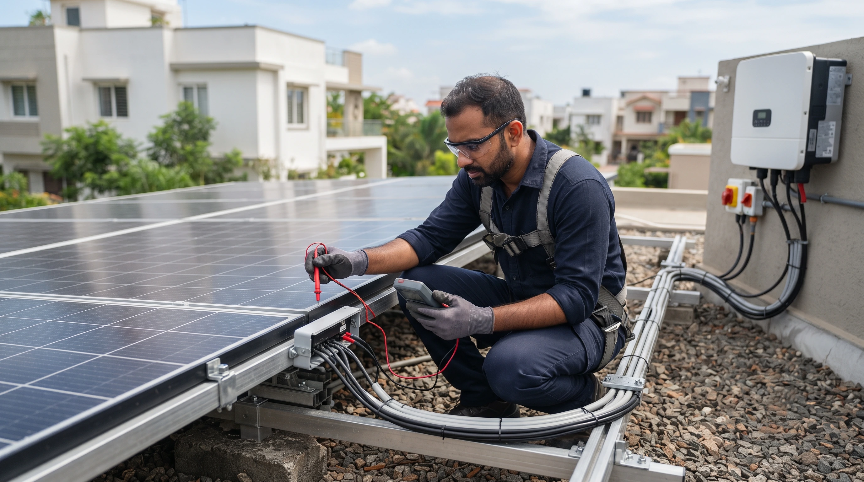 Professional inspecting a residential rooftop solar installation