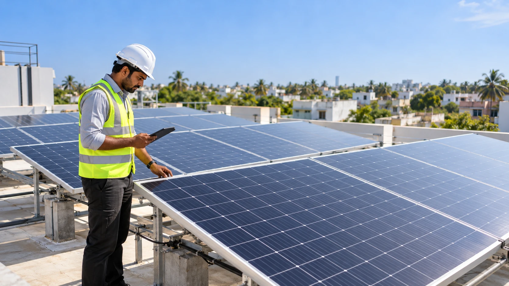 Photorealistic rooftop solar panels on an Indian home under bright sunlight, illustrating solar panel performance in hot weather