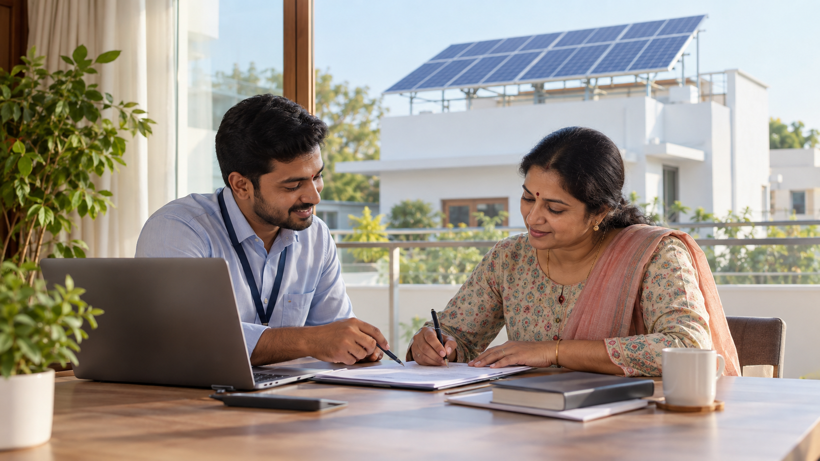 Homeowner receiving support for rooftop solar subsidy application in Tamil Nadu