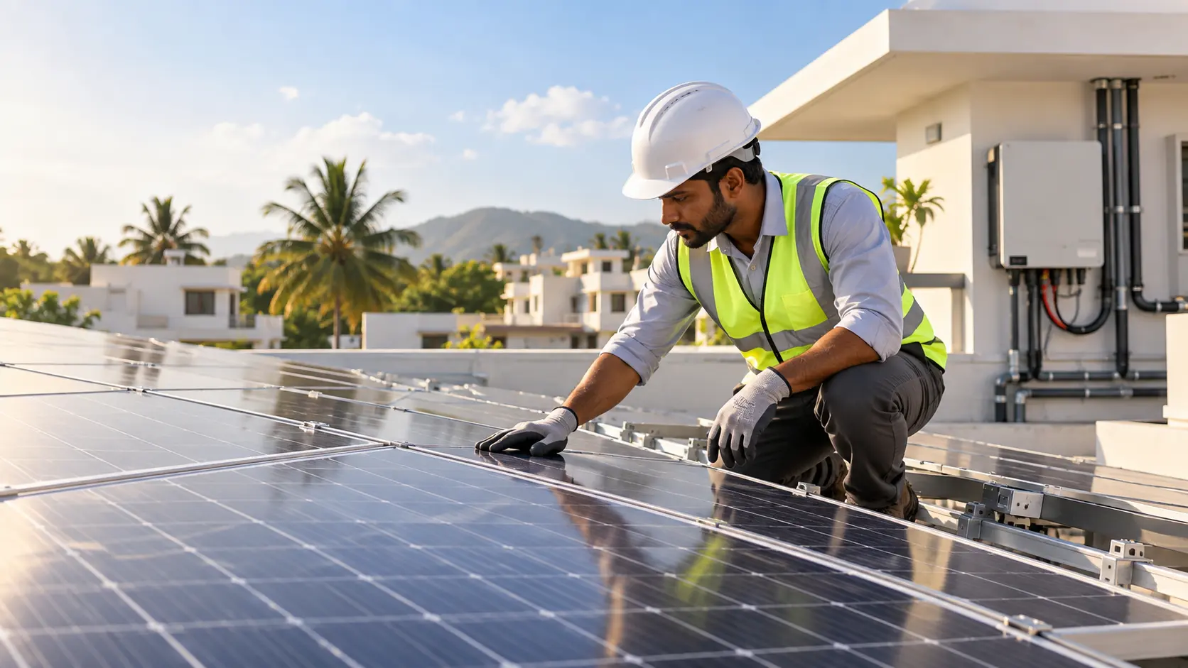 Homeowner reviewing solar panel warranty information with a solar consultant