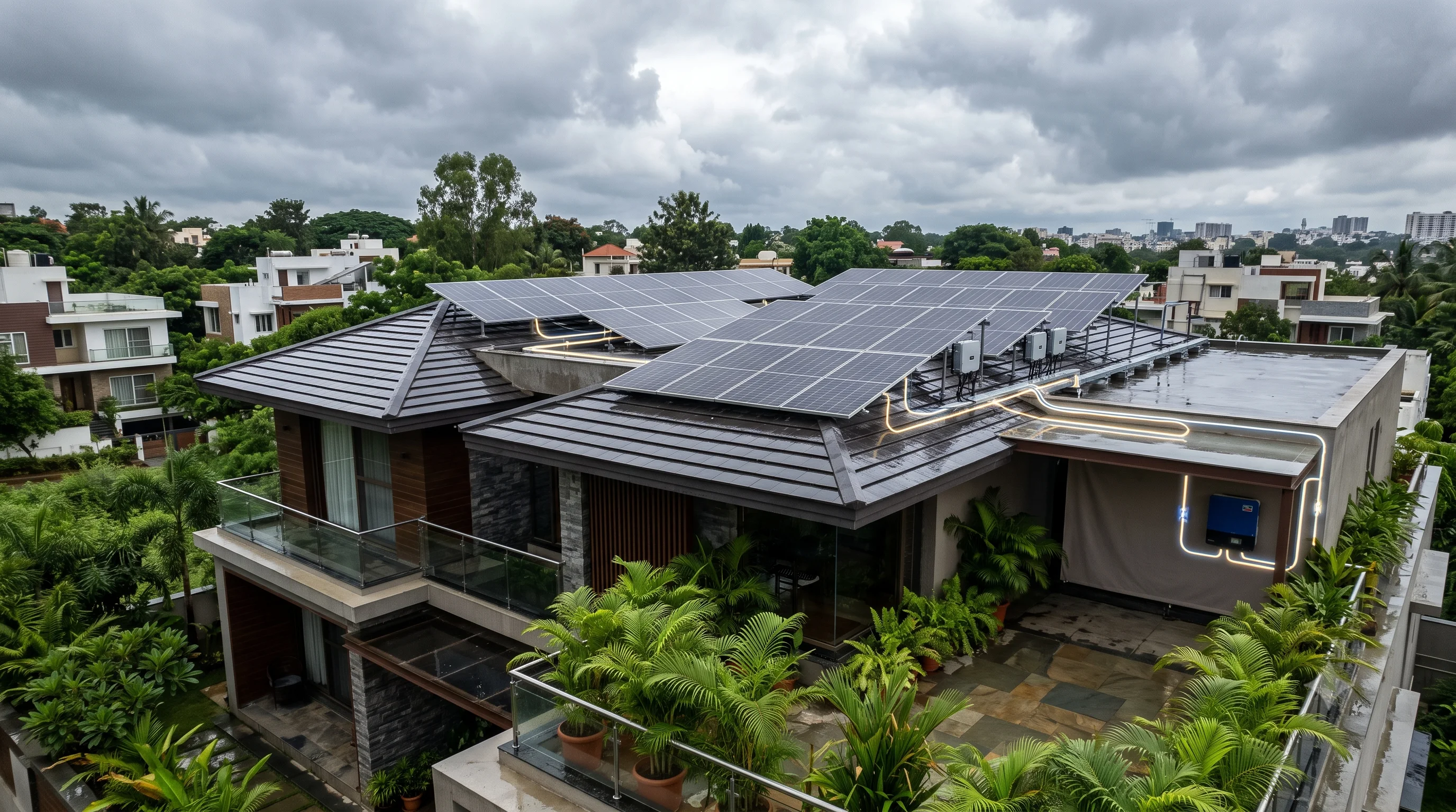 Rooftop solar panels generating electricity during cloudy weather