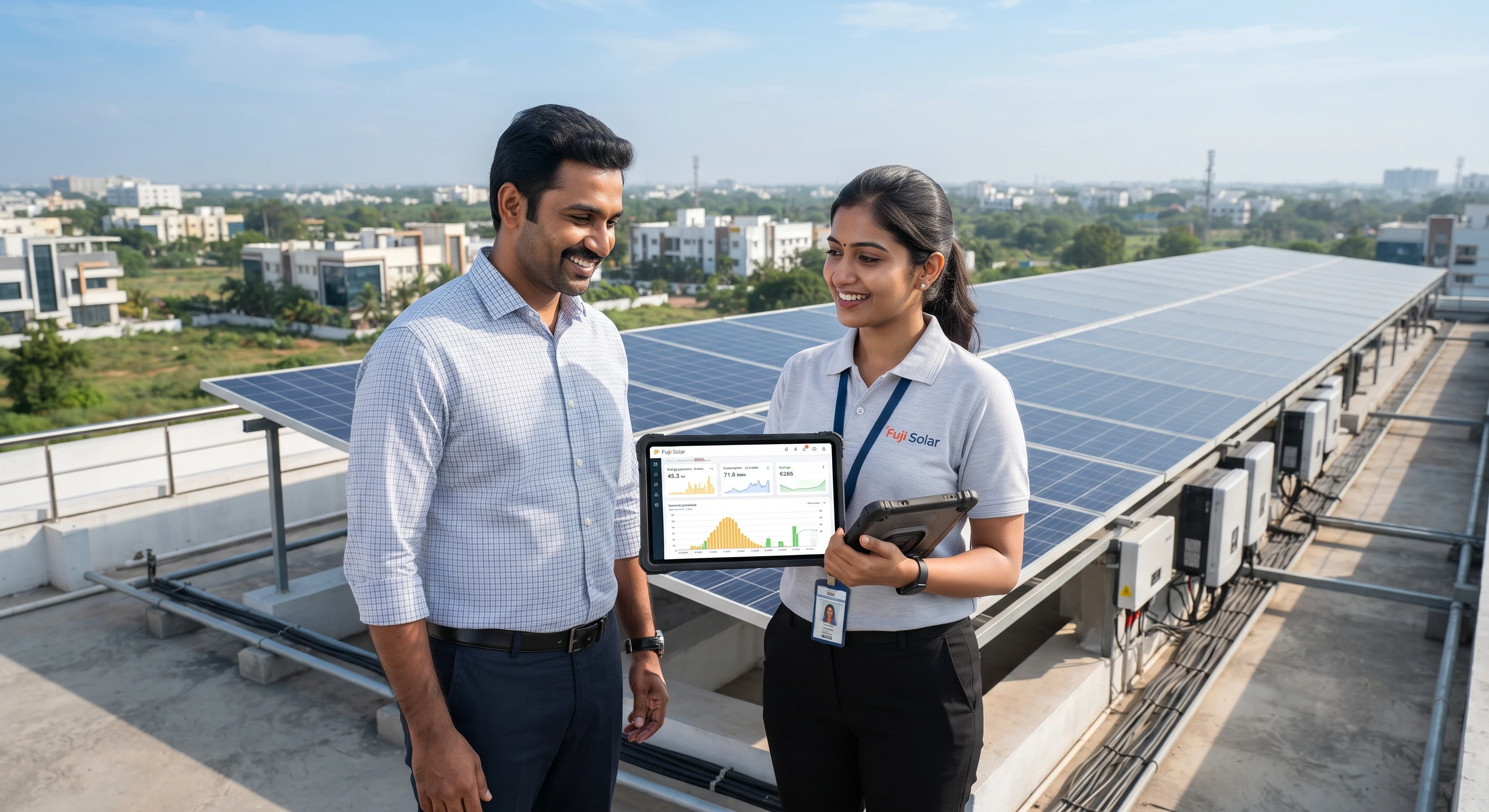 Stylized 3D illustration of a small Indian business building with rooftop solar panels generating clean electricity