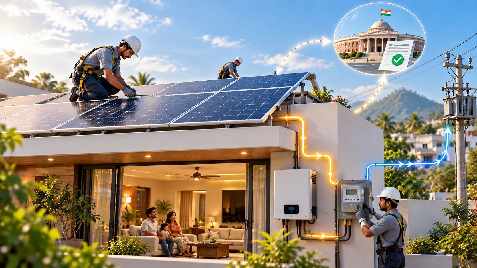Modern Tamil Nadu home with rooftop solar panels representing the new solar subsidy scheme